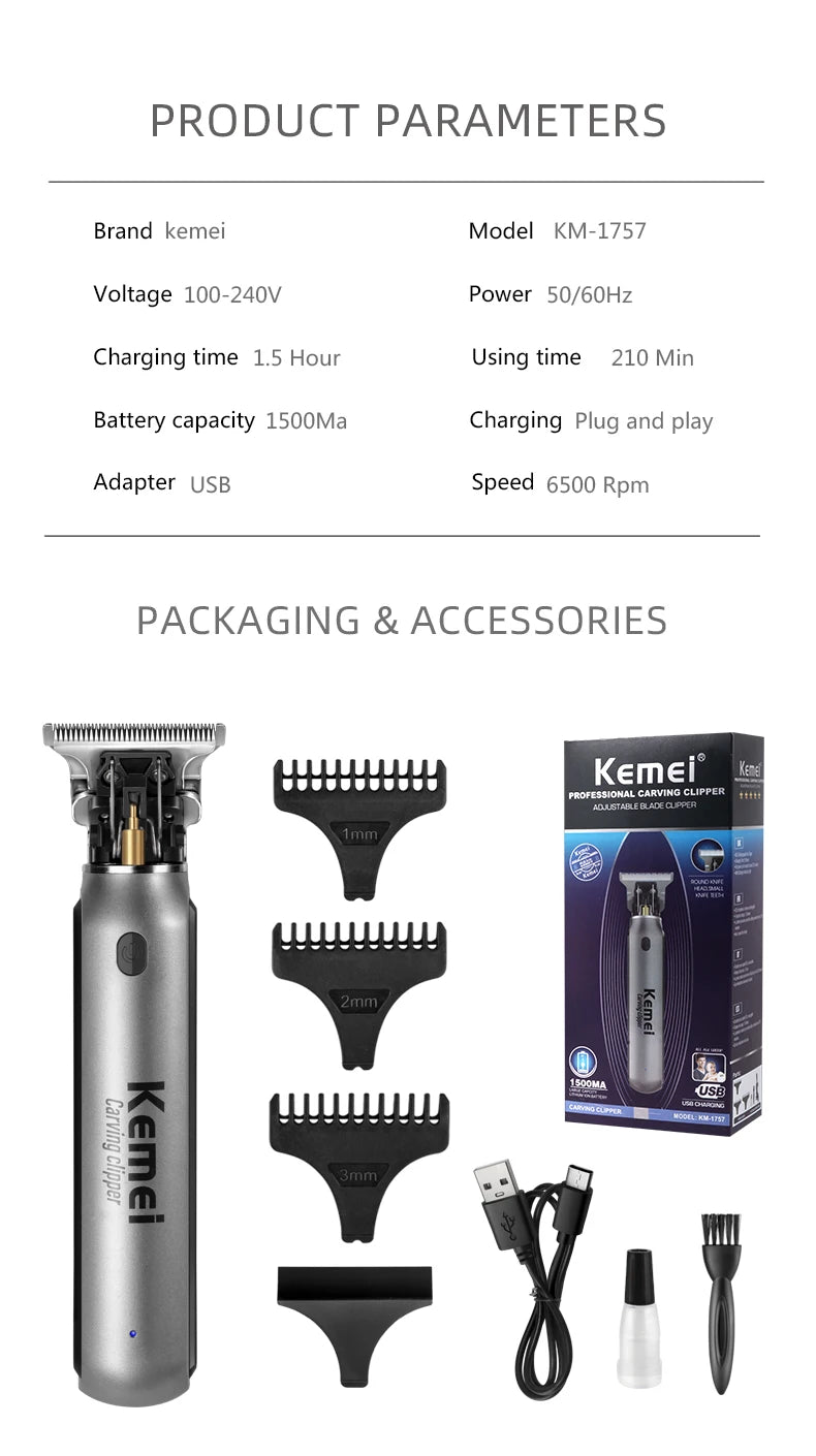 Kemei Mini Clippers Men's Beard Trimmer Zero Gapped T-Blade Hair Cutting Machine Cordless Professional clippers KM-1757