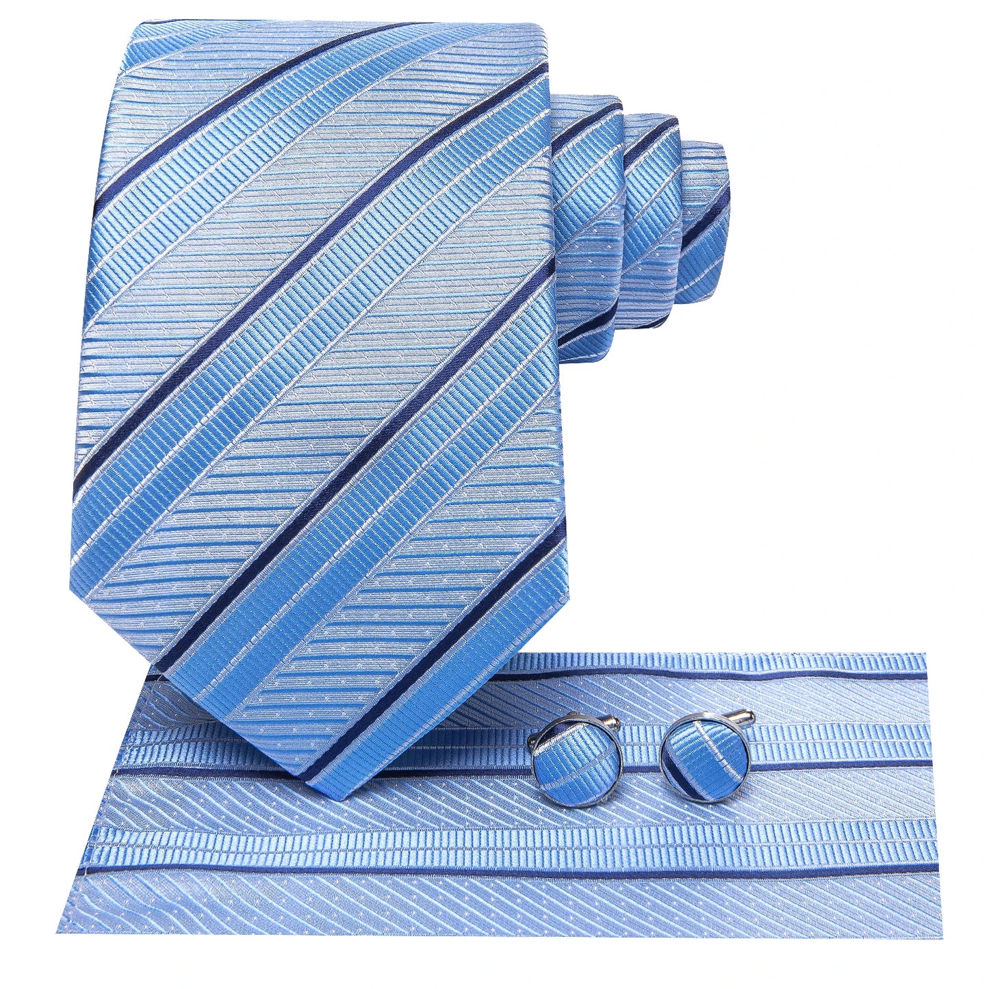 Brand New 2025 Hi-Tie Light Blue Striped Business Mens Tie 8.5cm Jacquard Necktie Accessorie Daily Wear Cravat Wedding Party Hanky Cufflink Set
