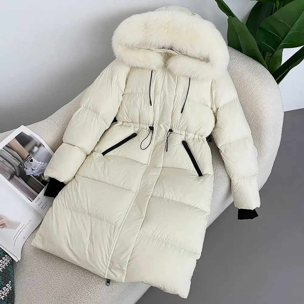 2024 - 2025 Winter New White Duck Down Real Fox Fur Real Raccoon Fur Long Hooded Coat Women Slim Warm Jacket Female Casual Fashion