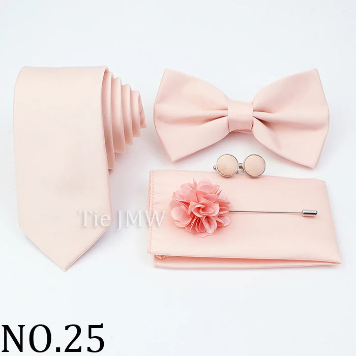 Hot Sale Pink Purple Sage Green Tie Set Polyester Necktie Bowtie Cufflink Brooch For Groom Suit Wedding Cravat Shirt Accessory