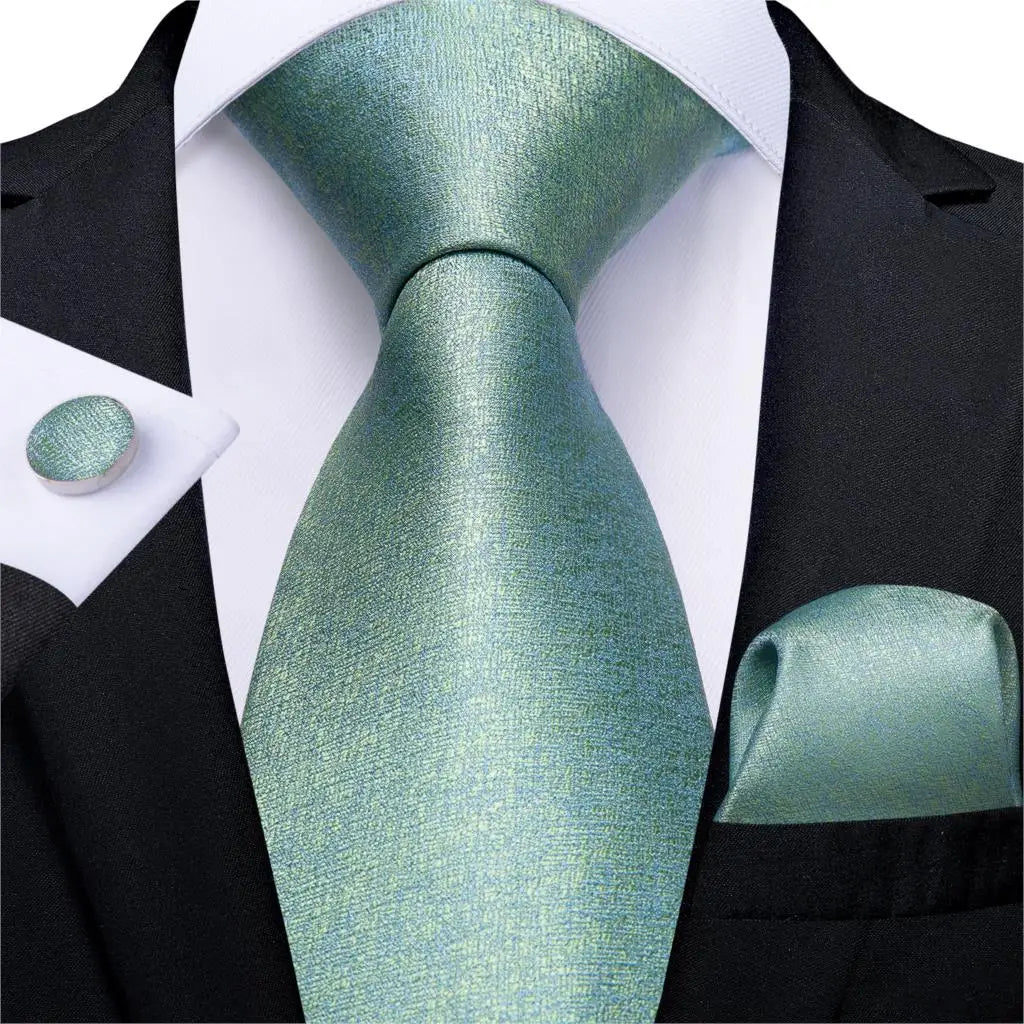 DiBanGu Mens Necktie Teal Green Blue Solid Design Silk Wedding Tie For Men Hanky Cufflinks Tie Set Fashion Bussiness Party