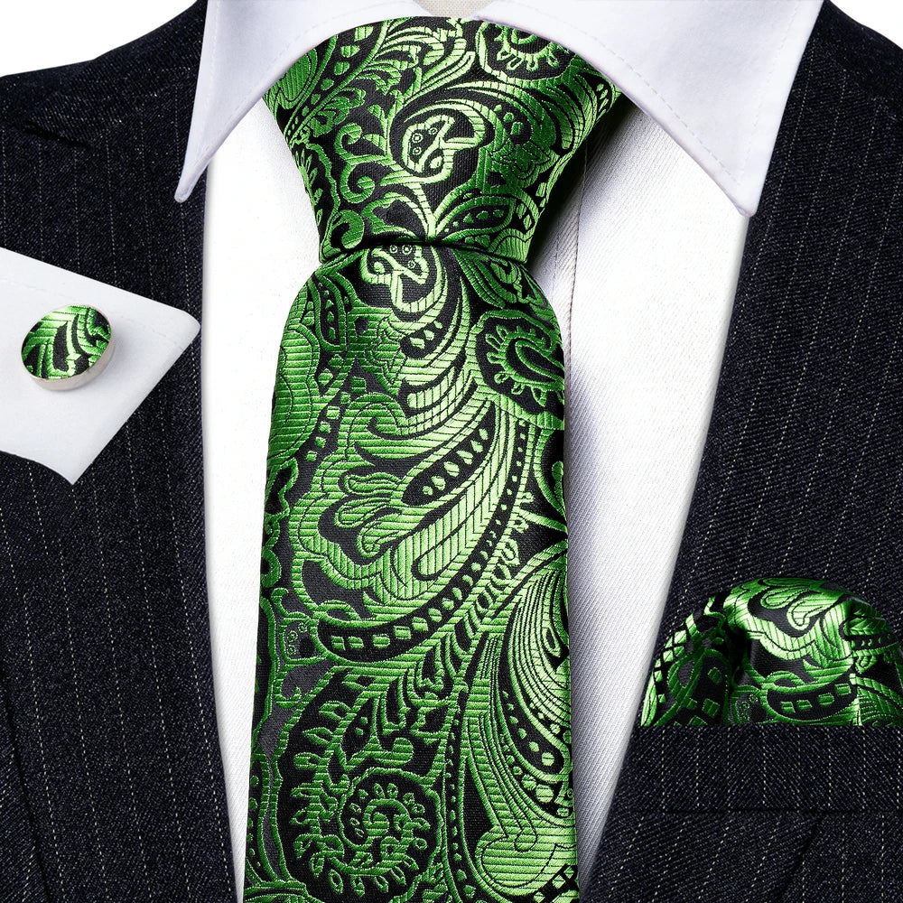 Fashion Silk Men Tie Green Teal Blue Solid Paisley Striped Plaid Floral Animal Necktie Handkerchief Cufflinks Set Barry. For Wedding
