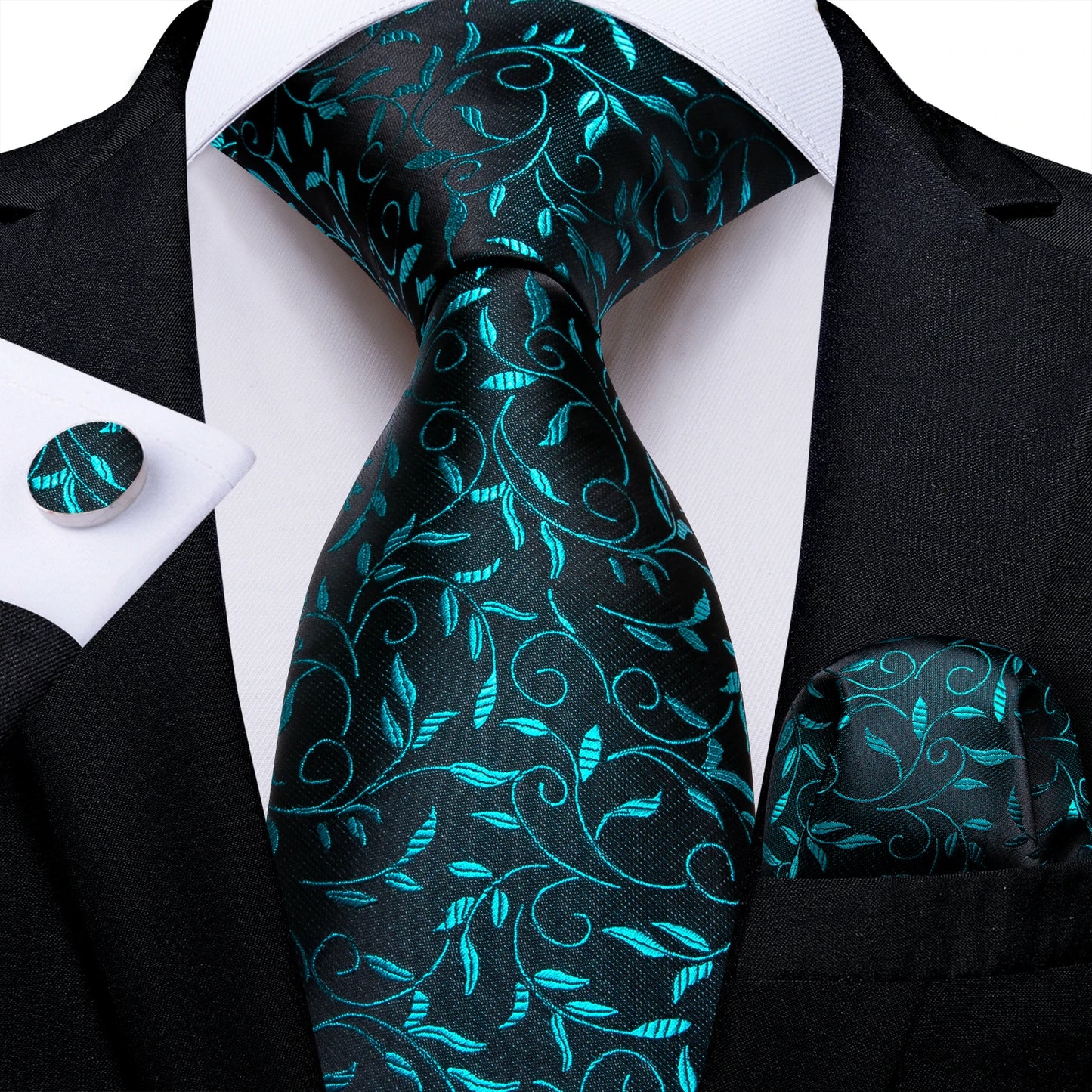 DiBanGu Mens Necktie Teal Green Blue Solid Design Silk Wedding Tie For Men Hanky Cufflinks Tie Set Fashion Bussiness Party