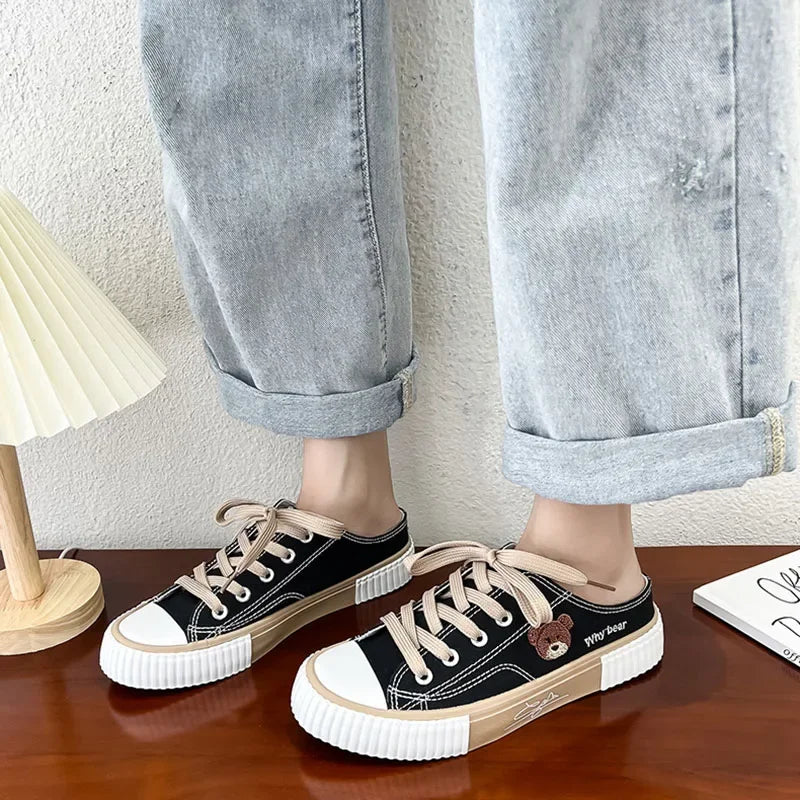 Women Cute Bear Canvas Shoes New Flat Casual All-match Half Slippers USA Version Trend Lace Up Ladies Vulcanized Shoes 2024