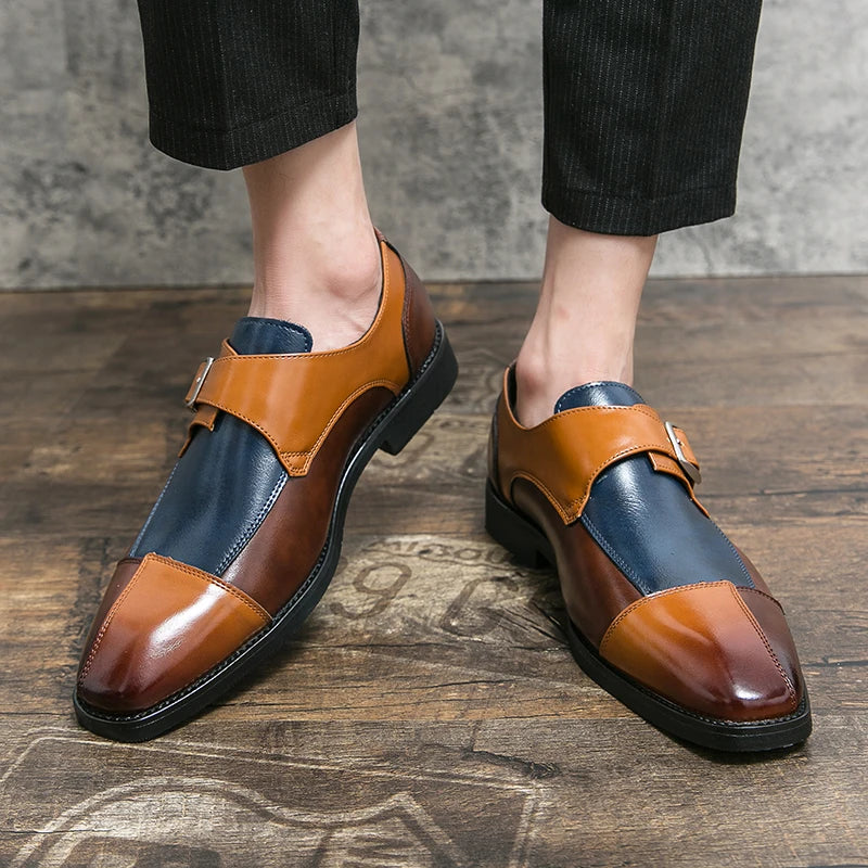 Brand new 2024-2025 Classic Monk Leather Man Shoes Color Block Round-Toe Buckle Business Dress Leather Shoes Man Casual Wedding Party Shoes For Man