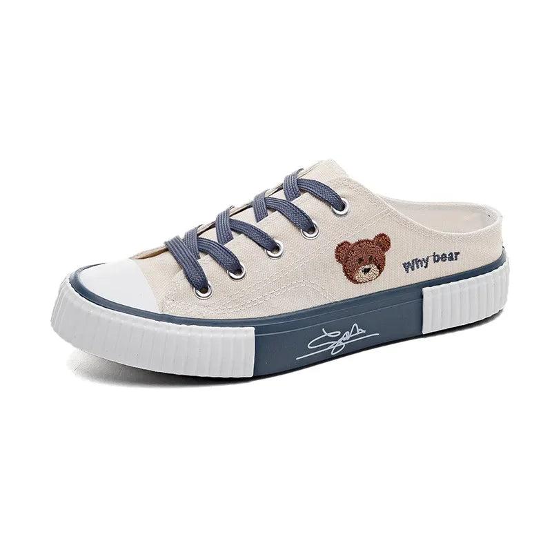 Women Cute Bear Canvas Shoes New Flat Casual All-match Half Slippers USA Version Trend Lace Up Ladies Vulcanized Shoes 2024