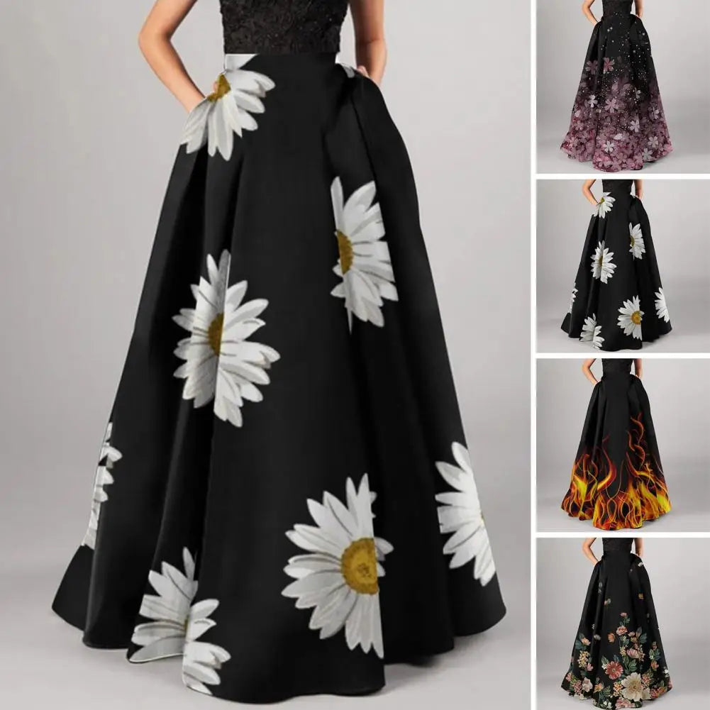 NEW 2024 Women Maxi Skirt High Waist A-line Big Swing Skirt Flower Print Zipper Half-opening Bohemian Loose Party Prom Beach Skirt