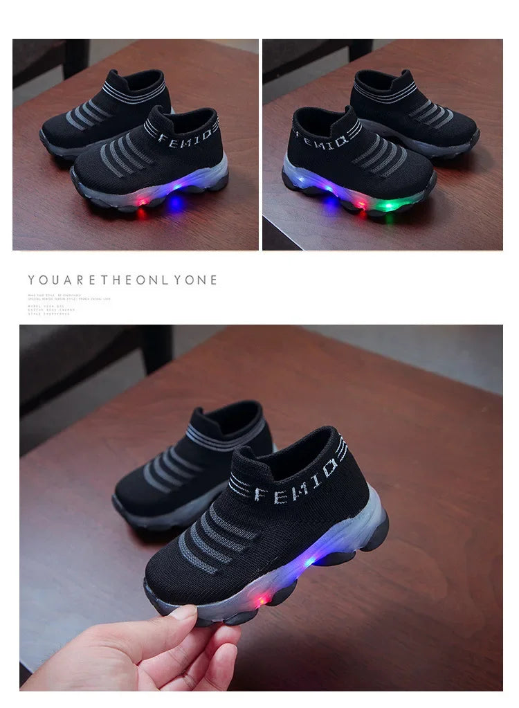 Brand New 2024-2025 Kids Sneakers Children Baby Girls Boys Letter Mesh Led Luminous Socks Sport Run Sneakers Shoes Sapato Infantil Light Up Shoes