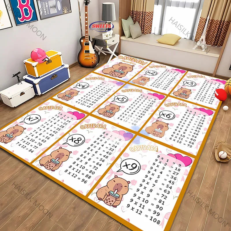 1PC Cute Capibara Pattern Multiplication Table 1 To 12 Carpets, Rugs for Home Kids Room, Early Childhood Education Non-slip Mat