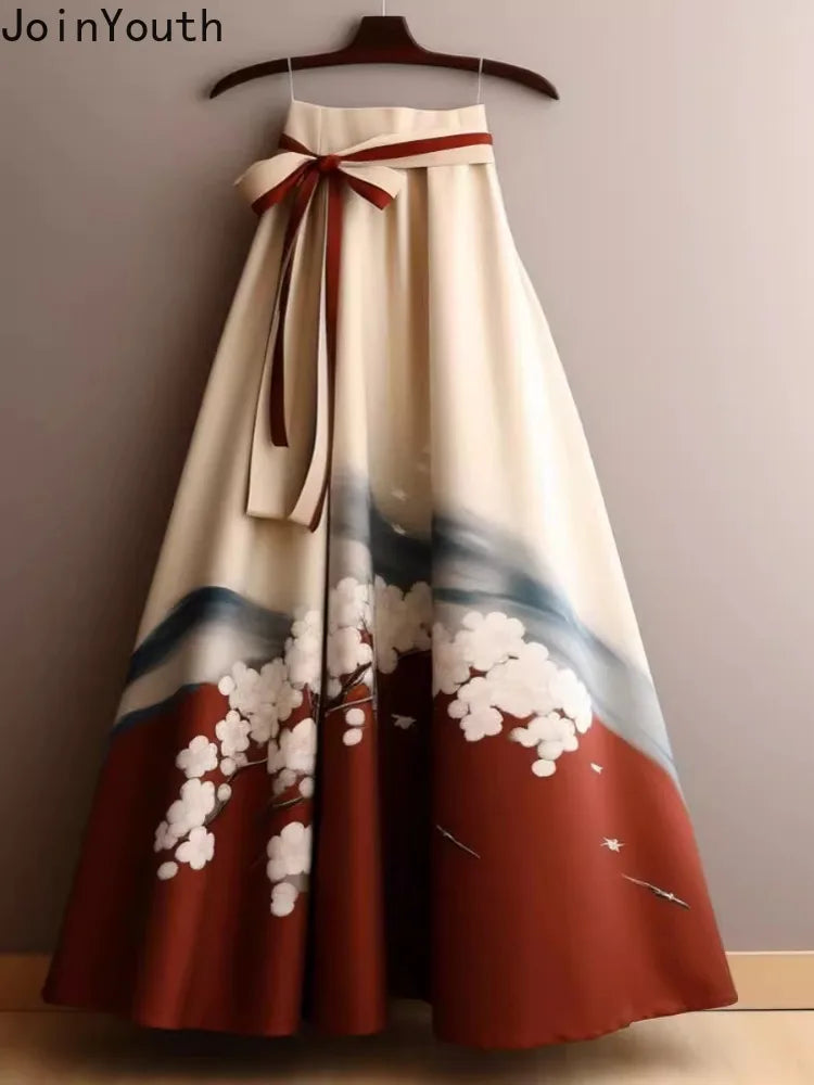 Vintage Skirts for Women 2024 Faldas Mujer De Moda High Waist A-line Jupe French Style Print Bandage Saia Big Swing Loose Skirt