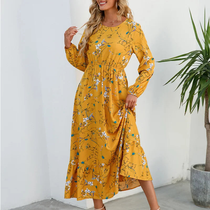 New Autumn 2025  Women Chiffon Dresses spring celebration Dress Mujer Vestidos Female Vintage Floral Print Full Sleeve A-line Long Maxi Dresses