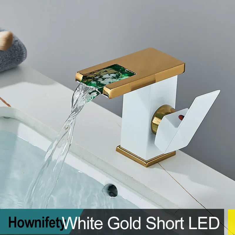 Brass LED Waterfall Bathroom Basin Faucet Deck Mount Cold Hot Water Mixer Crane Tap Short or Tall Tapware Water Flow Motor Free shipping