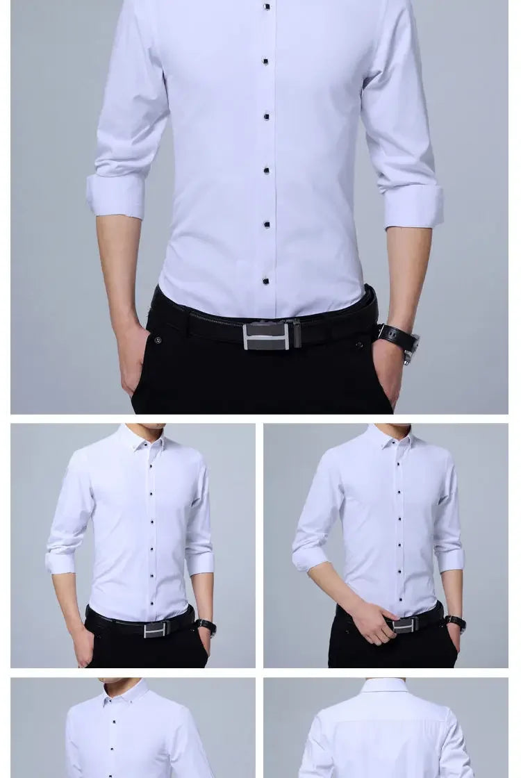 Summer Business Slim Fit White Shirt for Men - British Casual Tooling Style with Three Buttons Men's Long Sleeve Shirts
