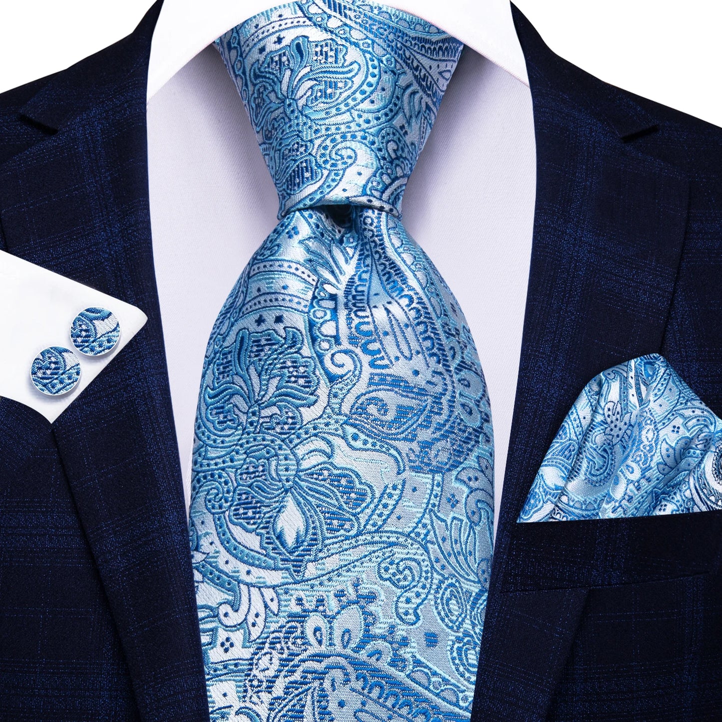 Brand New 2025 Hi-Tie Light Blue Striped Business Mens Tie 8.5cm Jacquard Necktie Accessorie Daily Wear Cravat Wedding Party Hanky Cufflink Set