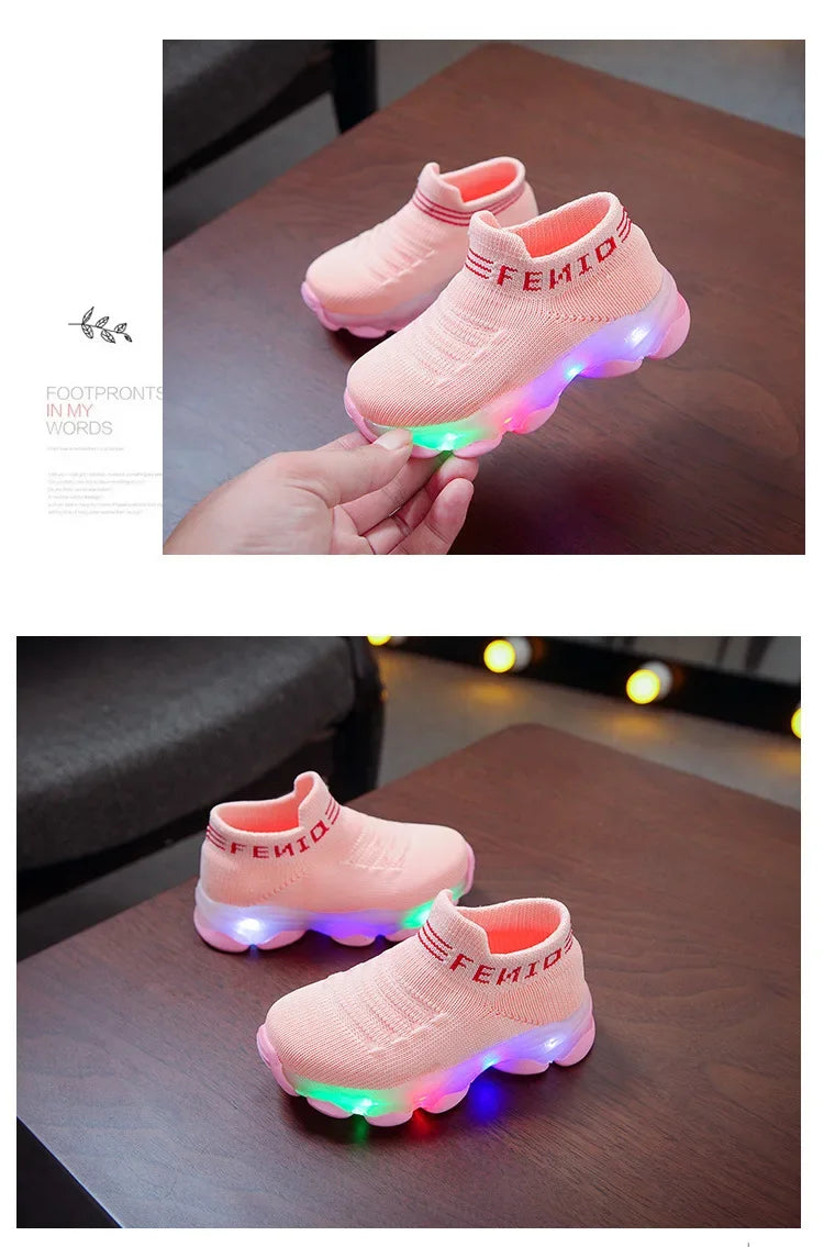 Brand New 2024-2025 Kids Sneakers Children Baby Girls Boys Letter Mesh Led Luminous Socks Sport Run Sneakers Shoes Sapato Infantil Light Up Shoes