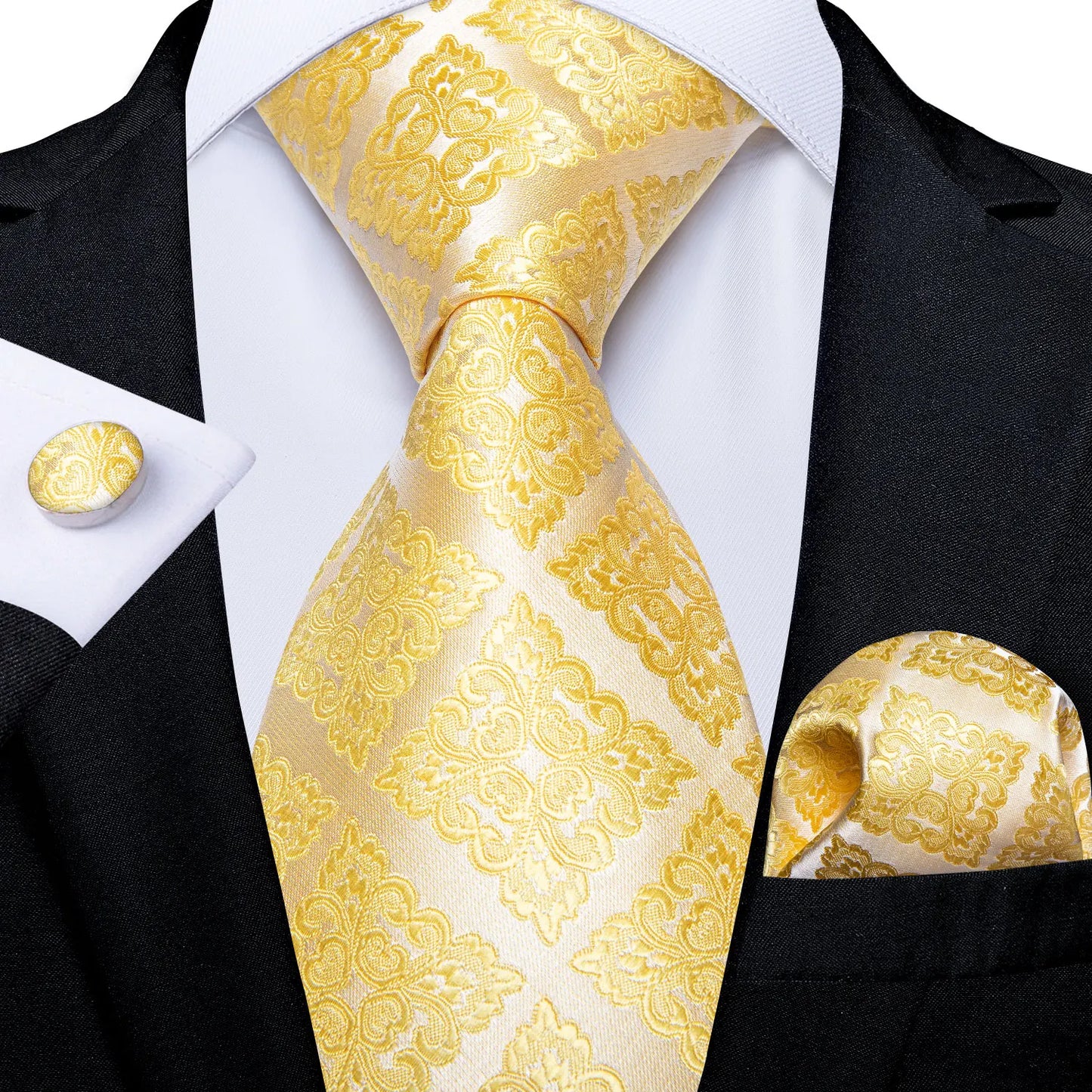 Brand New 2025 Mens Tie 100% Silk Classic Jacquard Woven 8cm Gold Yellow Formal Business Wedding Neck Tie Pocket Square Set Suit Cravat