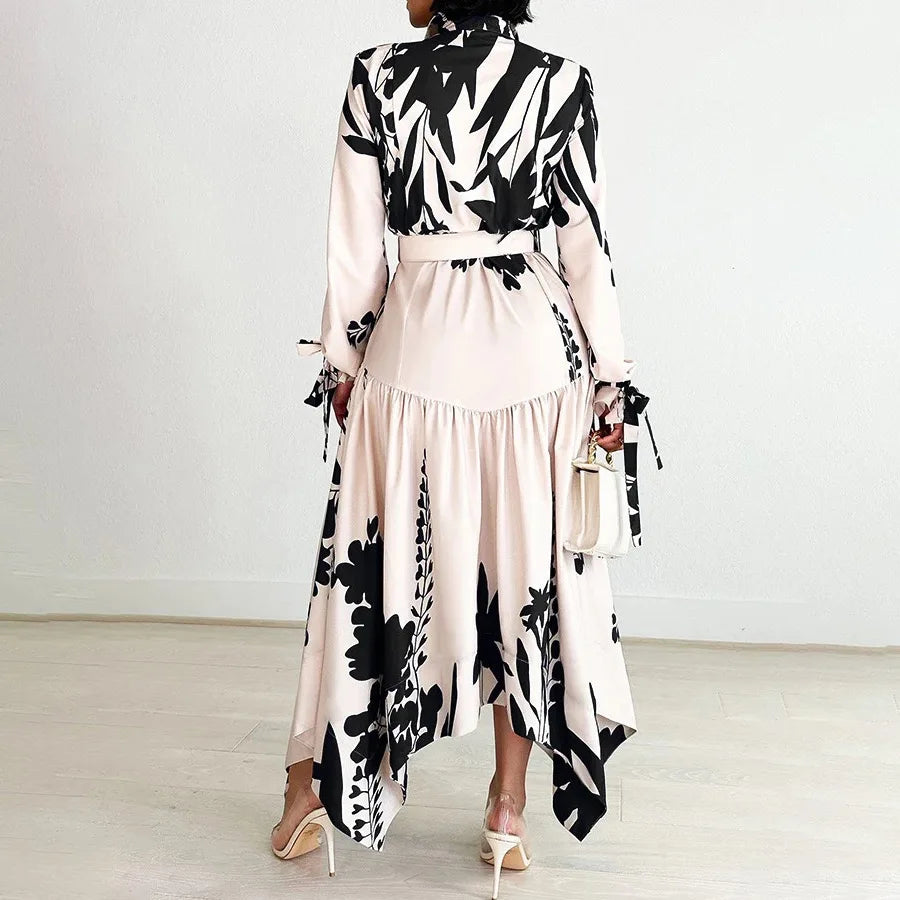 Brand New collections 2024-2025 Elegant Shirts Dresses for Women Printed Turn Down Collar Full Sleeve Belt Waisted Asymmetric Fashion Ladies Birthday Vestidos