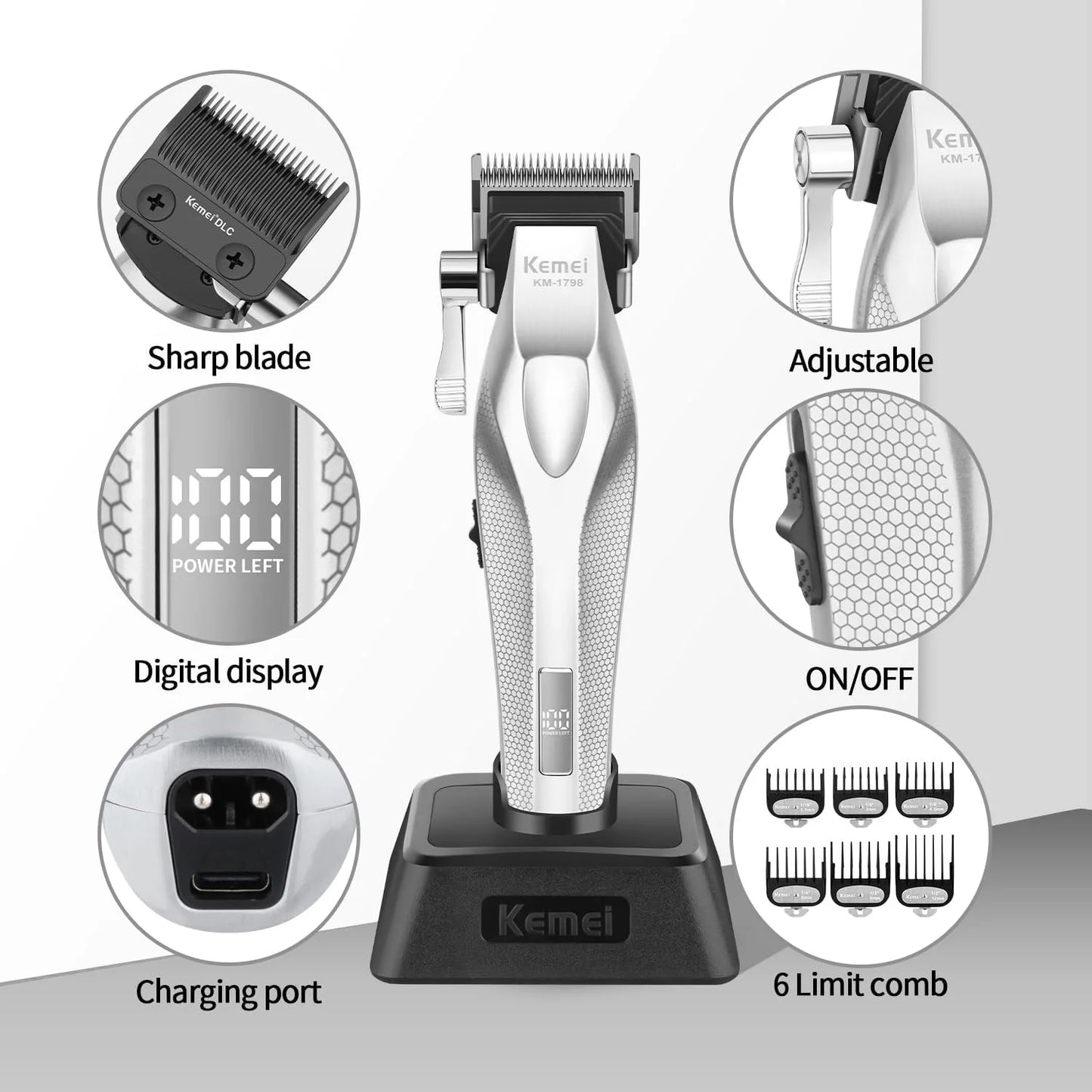 Kemei Barber Professional Hair Clipper and Hair Trimmer Combo Electric Men Zero Gapped Trimmer Fade Finish Hair Cutting Machine