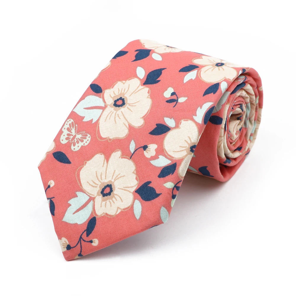 New Chic Floral Tie For Men 2025 100% Cotton Beautiful Elegant Flower Necktie White Blue Narrow Skinny Wedding Casual Cravat