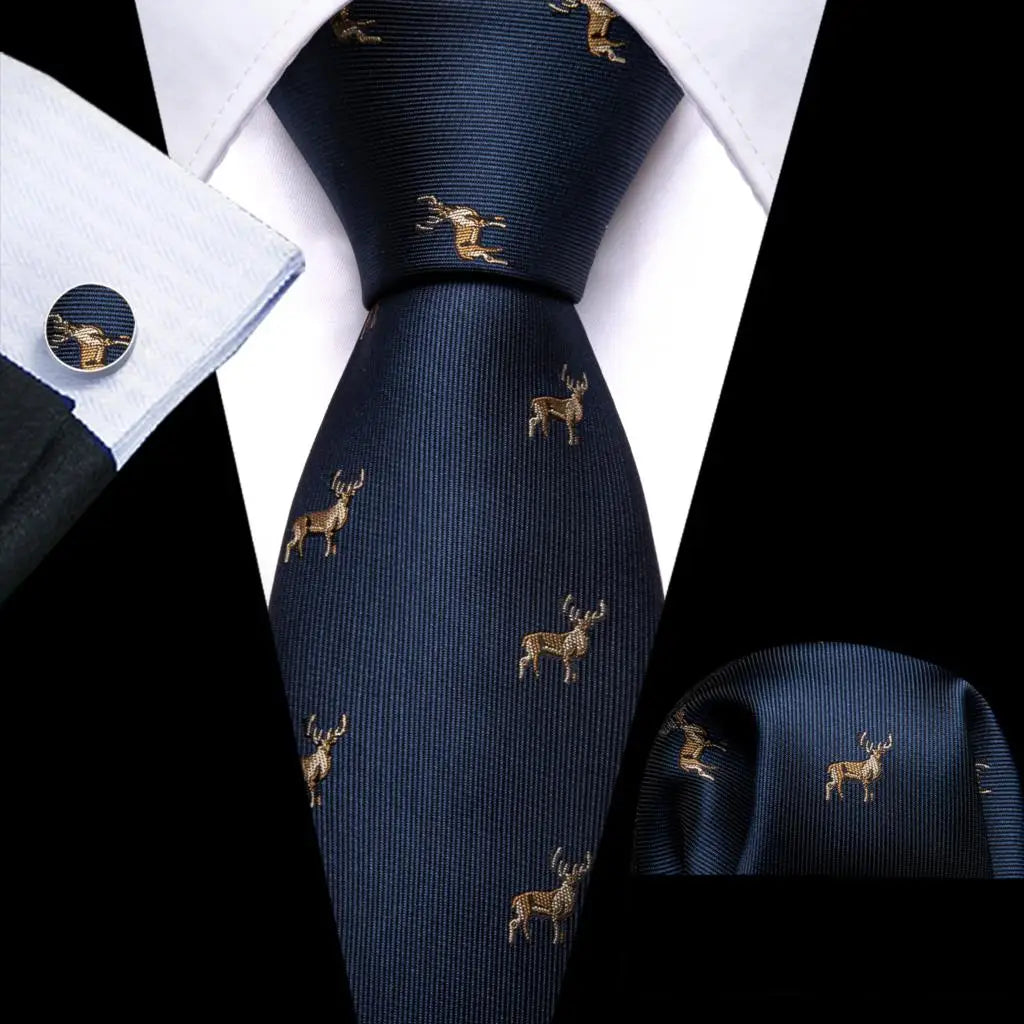 Barry.Wang Jacquard Animal Silk Men Tie Hankerchief Cufflinks Set Novelty Necktie for Male Gift Wedding Business Party 30 Styles