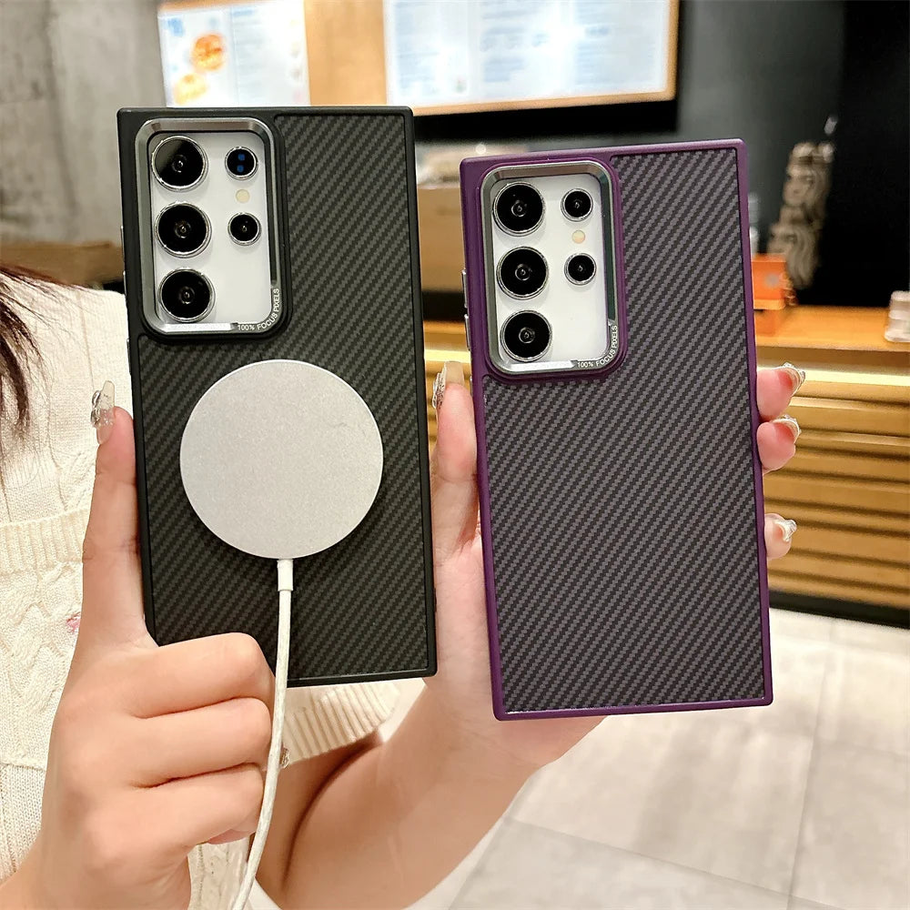 Luxury Carbon Fiber Pattern Armor For Magsafe Case For Samsung Galaxy S24 Plus Ultra Magnetic Wireless Charge Matte Hard Cover