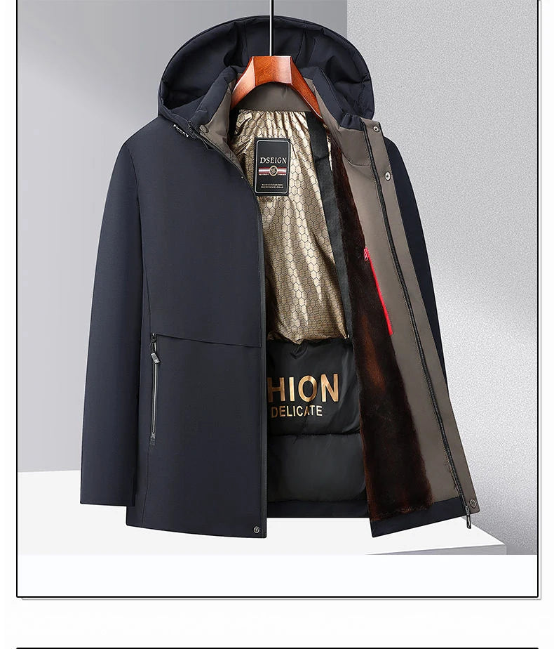 Men Winter  2025-2026 Thick Warm Parka Coat Fleece Inside Male Solid Color Hooded Thick Jacket  Men's Middle Long Coat Size