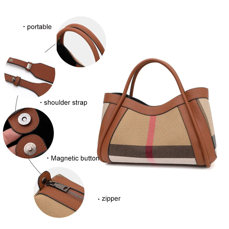NEW 2024-2025 New Retro Checkered Women's Handbag Fashionable and Advanced Large Capacity Canvas with Cowhide Mother and Child Bag