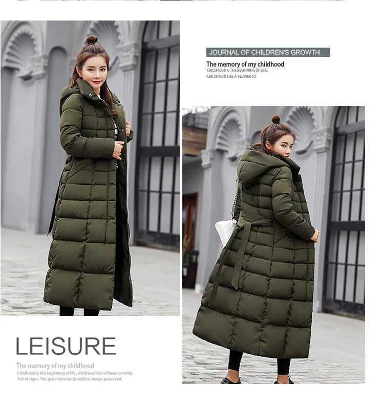 New 2024 - 2025 X-Long Down Jacket Women Casual Thick Warm Padded Coat Winter Loose Solid Hooded Parkas Lady Korean Fashion Solid Long Overcoa