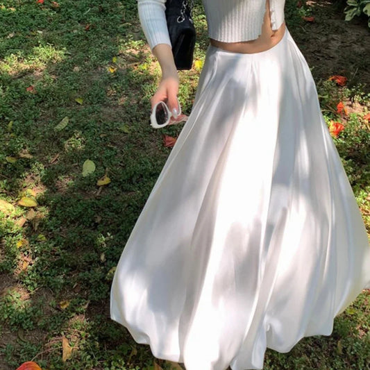 2024 Spring White Satin Low Waist A Line Ball Gown Long Skirts For Women French Romantic Elegant Solid Fairy Dress For Girl