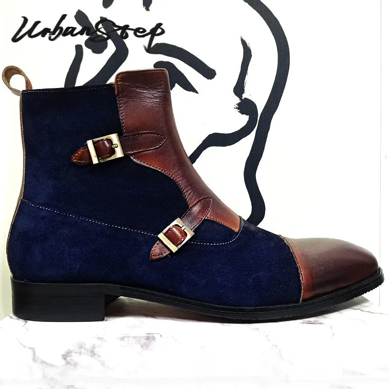 Big Big Big SALES IS ON NOW LUXURY MEN'S BOOTS HIGH ZIPPER ANKLE BOOTS STRAP BCKLE CASUAL MENS DRESS SHOES BLUE MIX BROWN GENUINE LEATHER BOOTS MEN