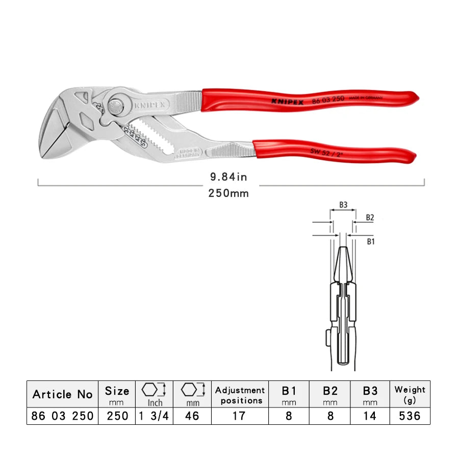 KNIPEX Pliers Wrench Chrome Plated Adjustable Plumbing Plier 8603125 8603150 8603180 8603250 8603300 8603400