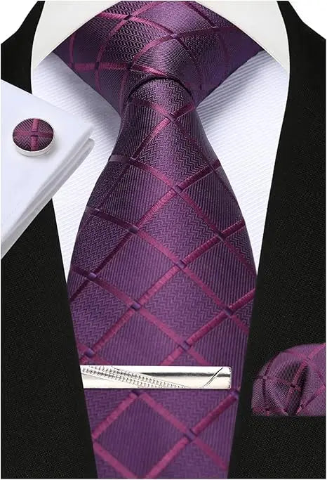 100% Silk Ties for Men Plaid & Checks Tie Clip Handkerchief Woven Classic Men's Necktie Pocket Square Set Formal Wedding Ties