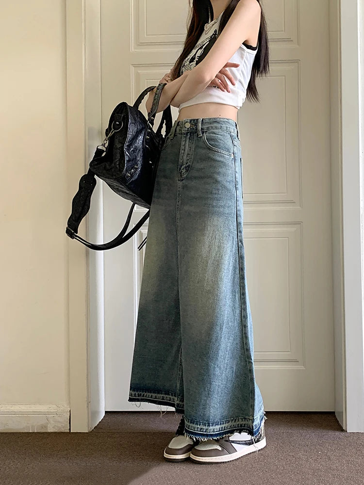 REDDACHiC Y2k Stitch Long Denim Skirt Blue Plain High Waist Midi Maxi Jeans Skirt USA Dongdaemun Women 90s Vintage Streetwear