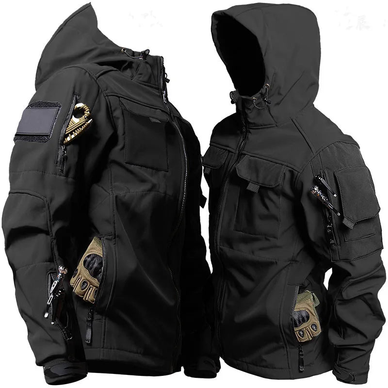 New 2024 Outdoor Tactical Set Men Military Multi-pocket Hooded Work Jacket+Windproof  Waterproof Fleece Cargo Pants Winter Sharkskin Suit