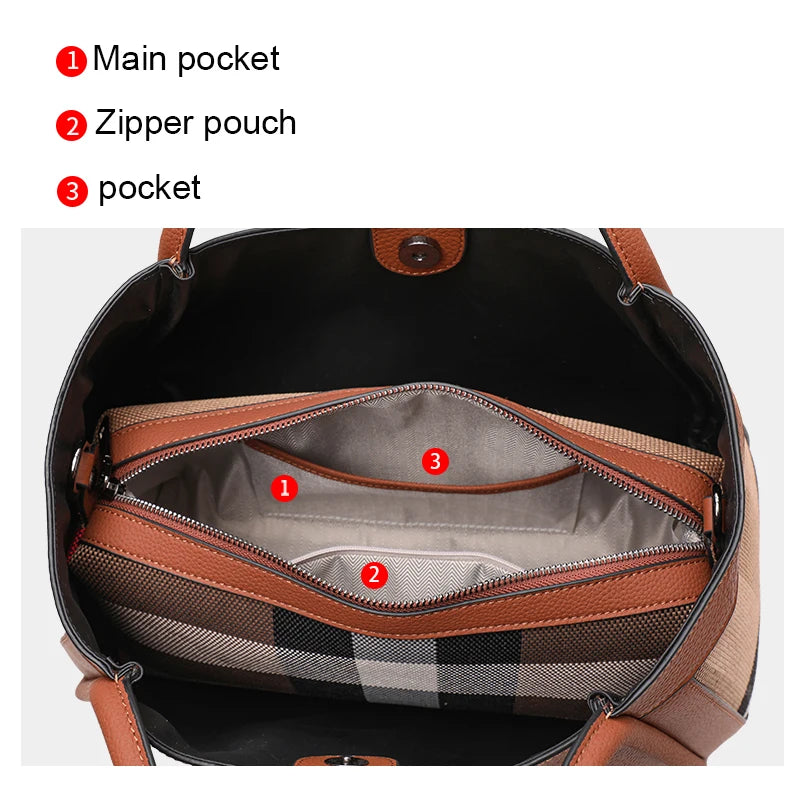 NEW 2024-2025 New Retro Checkered Women's Handbag Fashionable and Advanced Large Capacity Canvas with Cowhide Mother and Child Bag