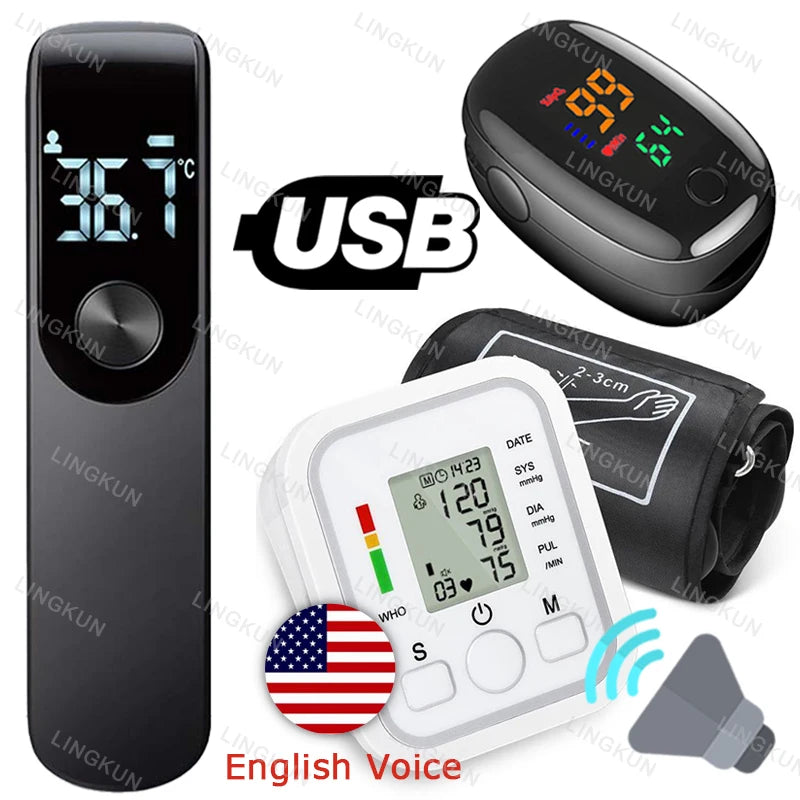 English Voice Digital Arm Blood Pressure Cuff Sensor Monitor BP Automatic Pressure Tonometer Tensiometer Heart Rate Pulse Meter