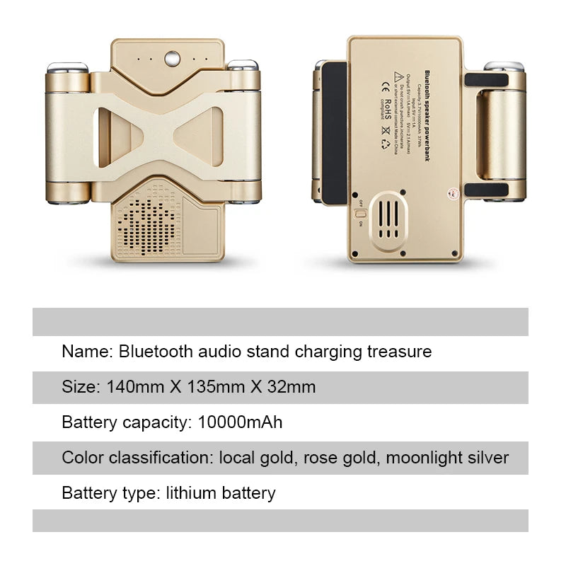 Metal Phone Holder Power Bank 10000mAh Bluetooth Speaker 3 in 1 Multifunctional Stand for Universal Mobile Phone