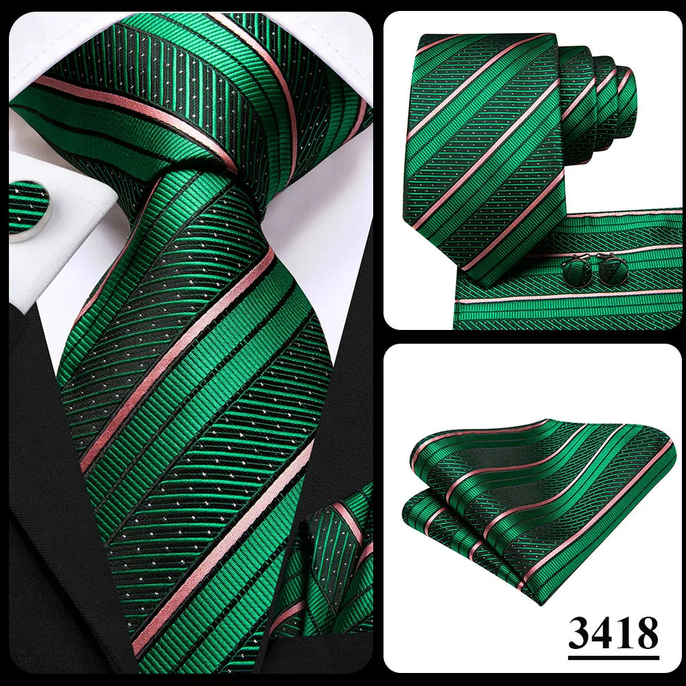 Our Brand  2025 Hi Tie Striped Sage Green Mens Fashion Necktie Handkerchief Cufflinks for Tuxedo Accessory Classic Silk Luxury Tie for Man Gift