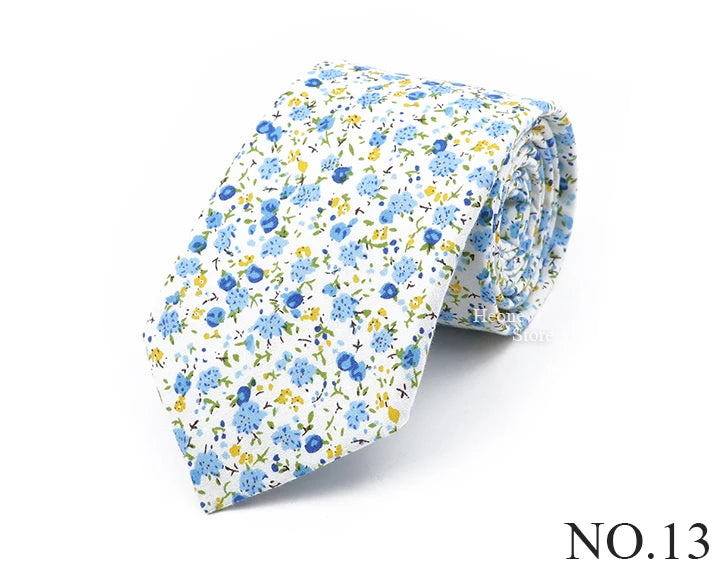 New Chic Floral Tie For Men 2025 100% Cotton Beautiful Elegant Flower Necktie White Blue Narrow Skinny Wedding Casual Cravat