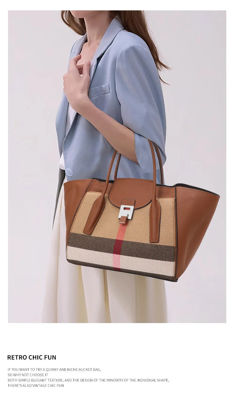 New 2024-2025 Checkered women's handbag 2024 fashionable canvas genuine leather bag large capacity multifunctional cowhide wing bag