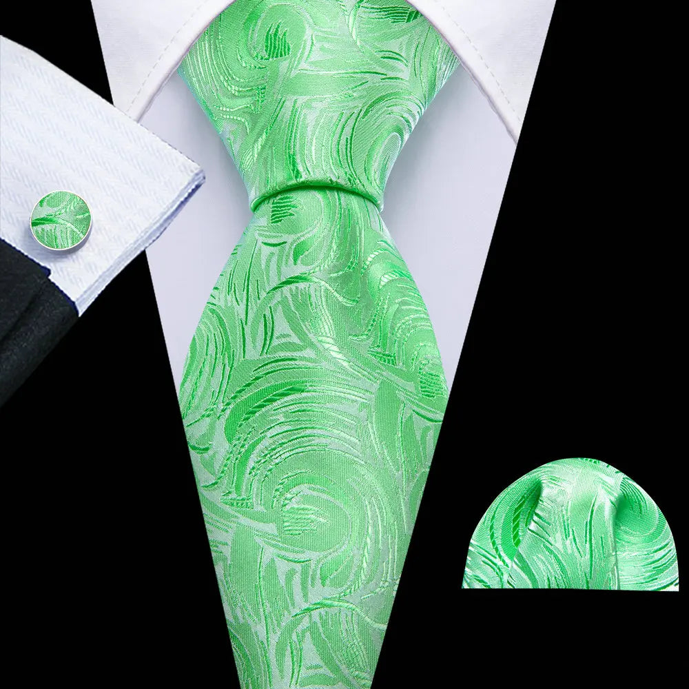 Fashion Silk Men Tie Green Teal Blue Solid Paisley Striped Plaid Floral Animal Necktie Handkerchief Cufflinks Set Barry. For Wedding