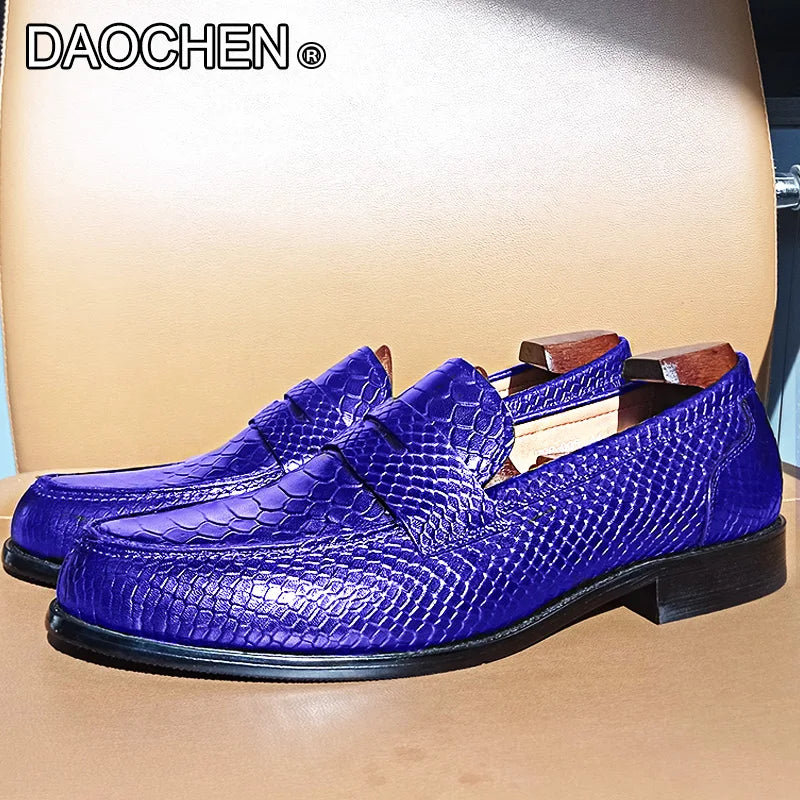 LUXURY MEN'S LOAFERS SHOES BLACK ROYAL BLUE SNAKE PRINT CASUAL MENS DRESS SHOES WEDDING OFFICE BANQUET LEATHER SHOES MEN