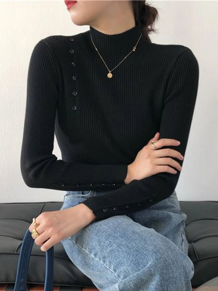 Women Knitted Sweater Long Sleeve Button Turtleneck Slim Pullovers for Autumn Winter 2024 Female Sweaters Soft Warm Bottoming Tops