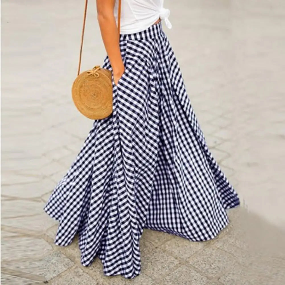 2024 Vintage Bohemian Women High Waist Summer Long Skirt Plaid Pockets Casual A-Line Maxi Skirts Elegant Beach Skirt Long Skirt