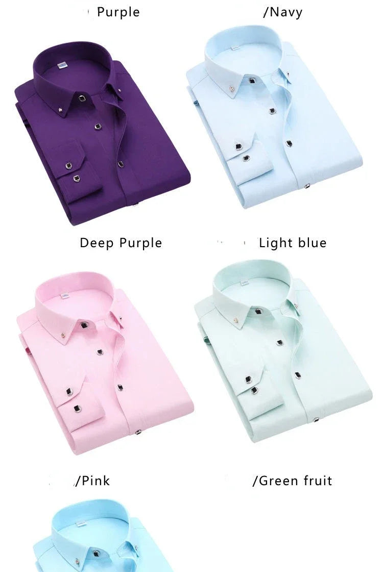 Summer Business Slim Fit White Shirt for Men - British Casual Tooling Style with Three Buttons Men's Long Sleeve Shirts