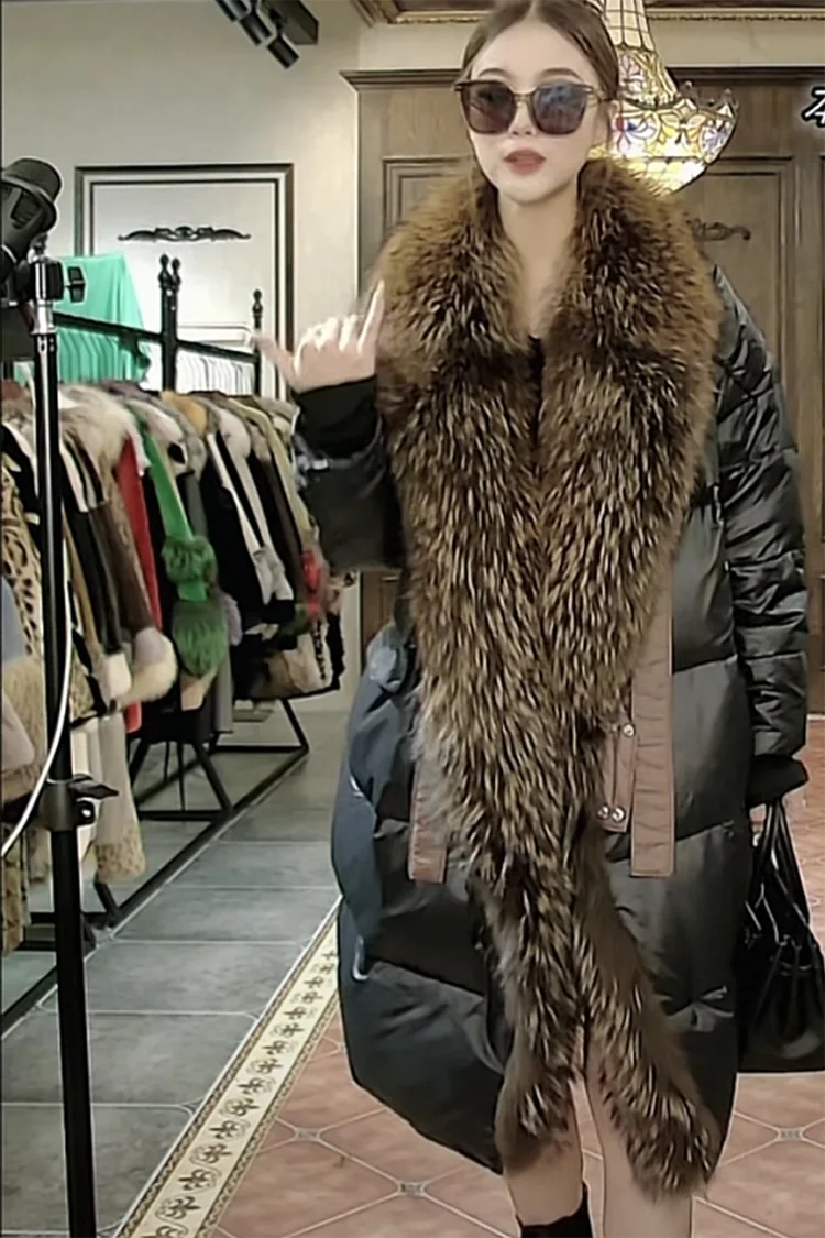 2024 - 2025  New Natural Real Fox Fur Long White Duck Down Jacket Winter Women Warm Loose Coat Thick Outerwear Streetwear