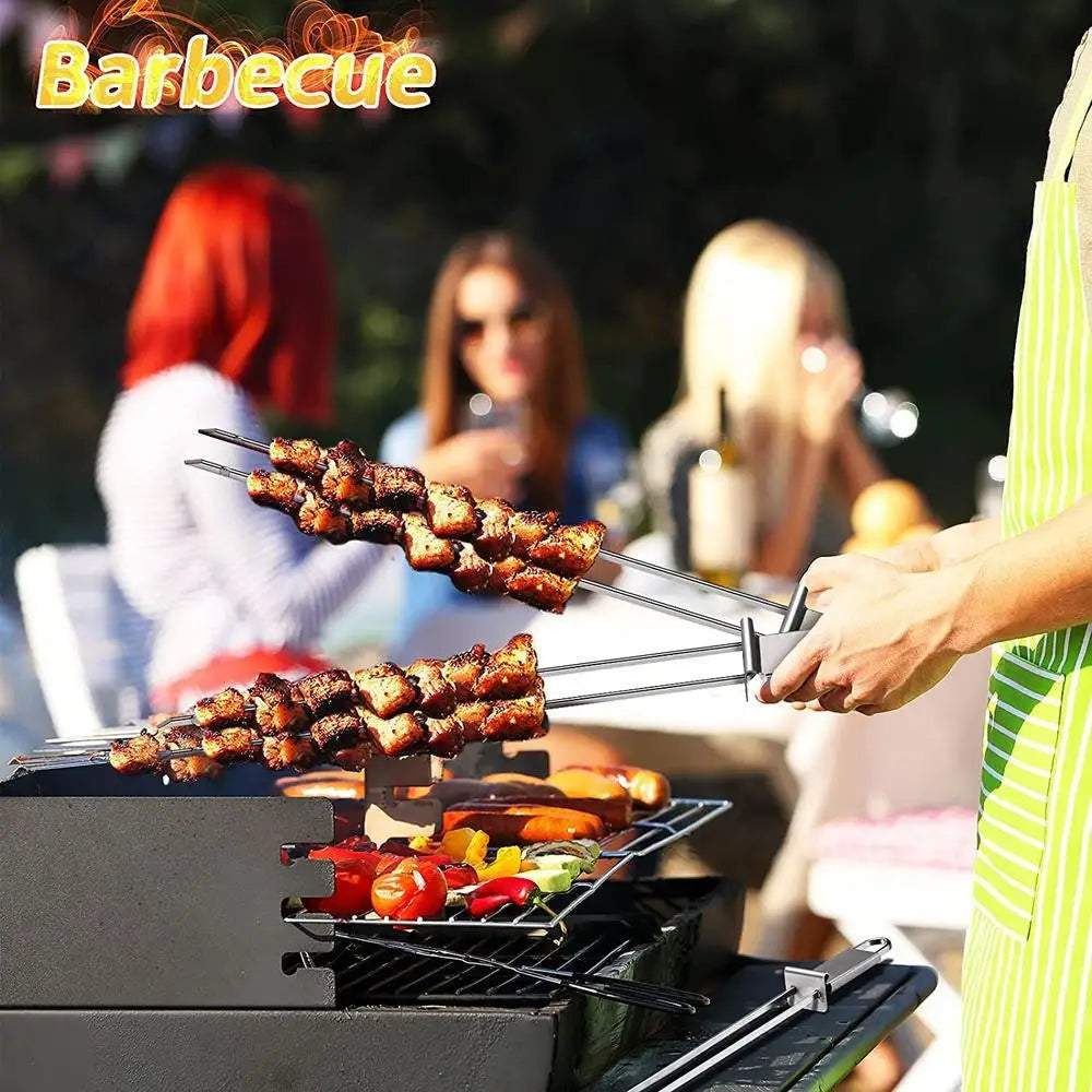 1Pcs BBQ Stick Semi-automatic Barbecue Fork Barbecue Sticks Shrimps Push Bar Skewer BBQ Shrimp Grilling