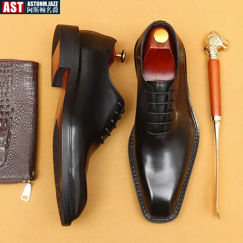 Handmade Mens Wedding Oxford Shoes Brown Genuine Leather Brogue Men's Dress Shoes Lace Up Business Formal Shoes for Men