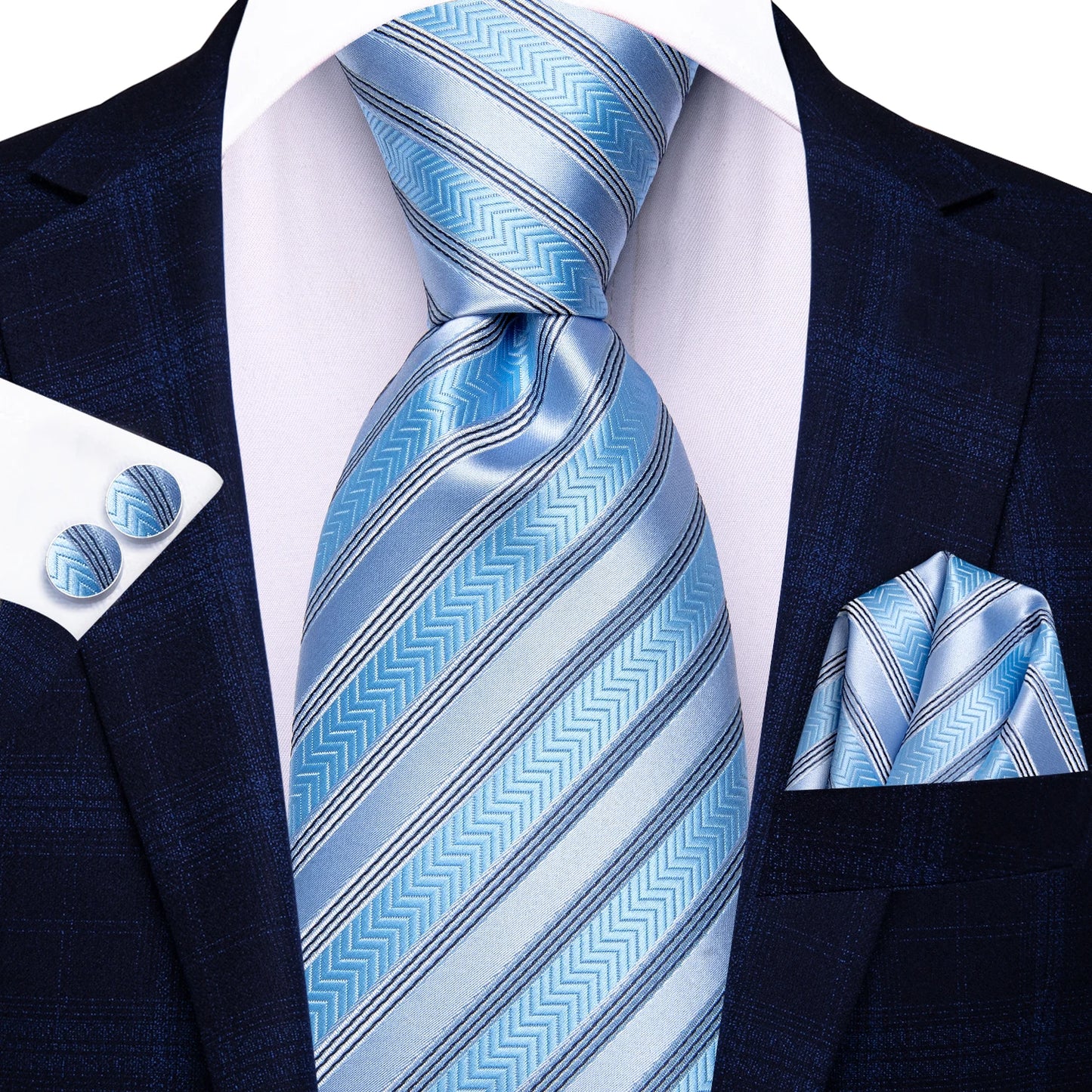 Brand New 2025 Hi-Tie Light Blue Striped Business Mens Tie 8.5cm Jacquard Necktie Accessorie Daily Wear Cravat Wedding Party Hanky Cufflink Set
