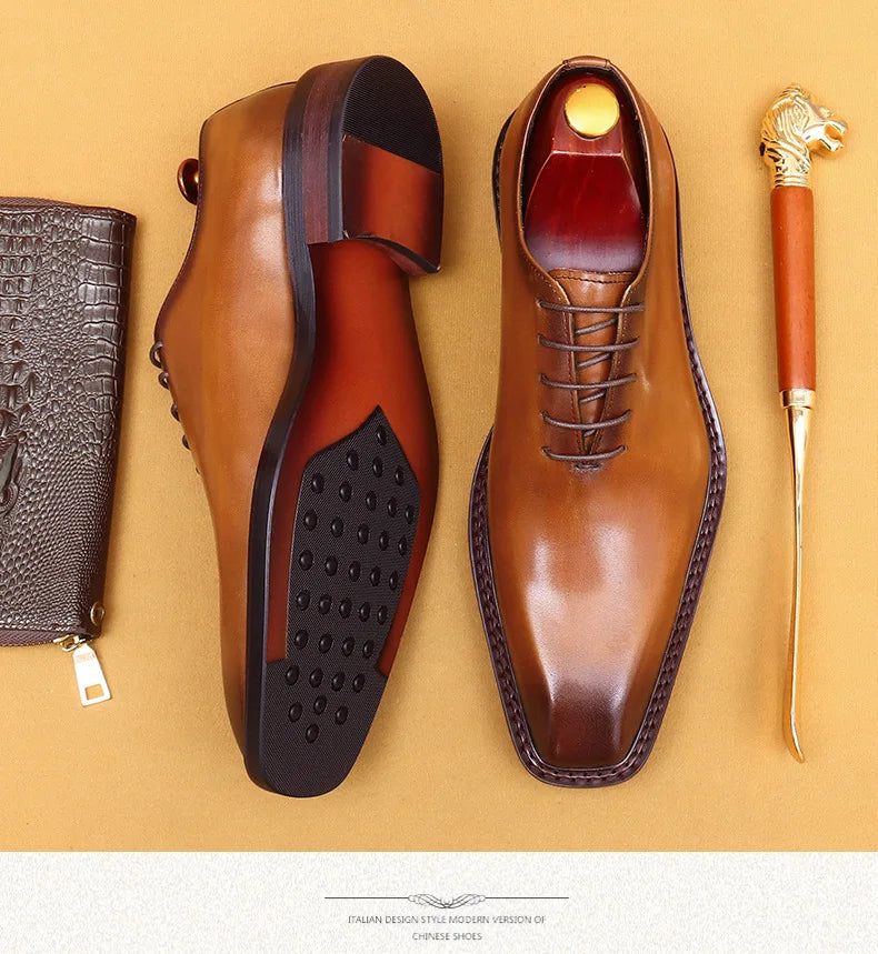 Handmade Mens Wedding Oxford Shoes Brown Genuine Leather Brogue Men's Dress Shoes Lace Up Business Formal Shoes for Men